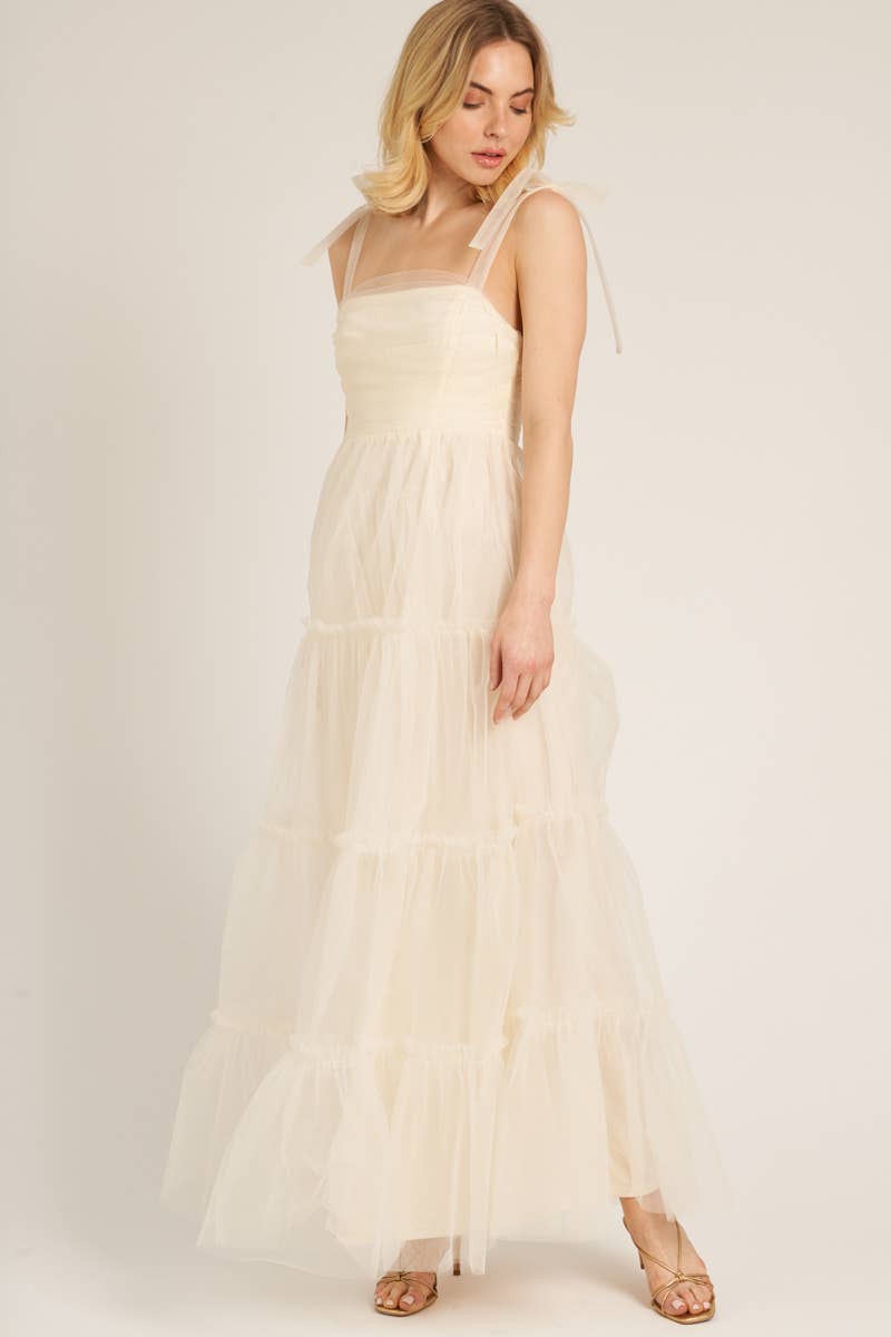 En Crème - Sleeveless Tulle Tiered Maxi Dress: Cream / L