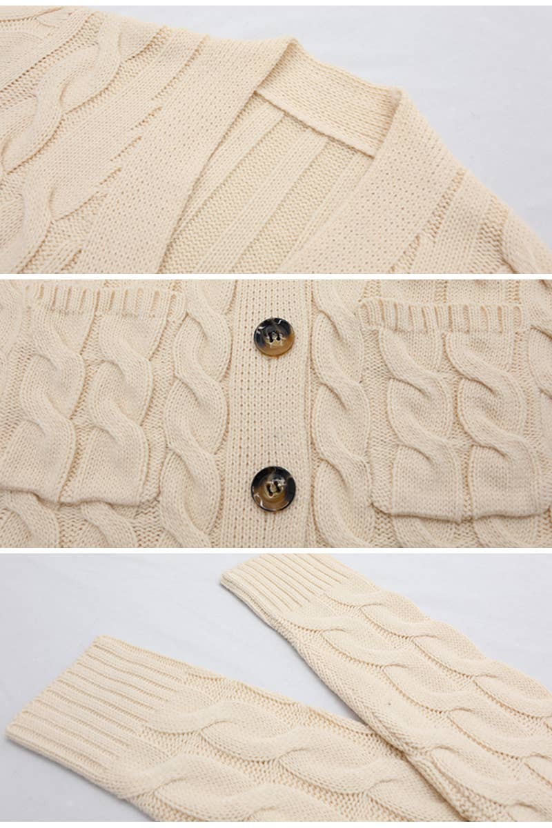 Button Down Cable Crew Neck Pullover Long Sweater: