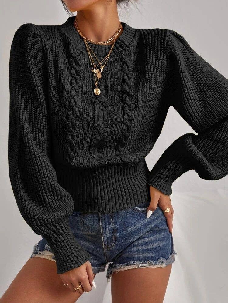 Long Sleeve Loose Neck Pullover Sweater: Black