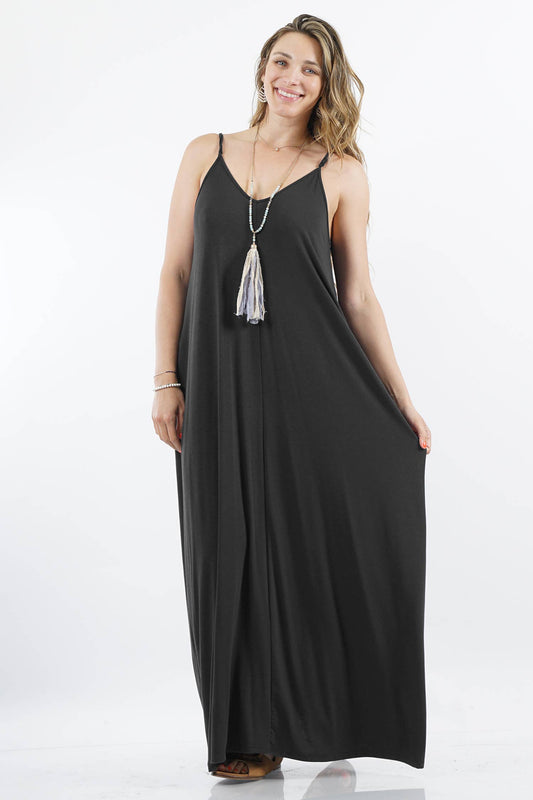 Black PLUS SIZE Side-pocket Maxi Dress w/ adjustable strap
