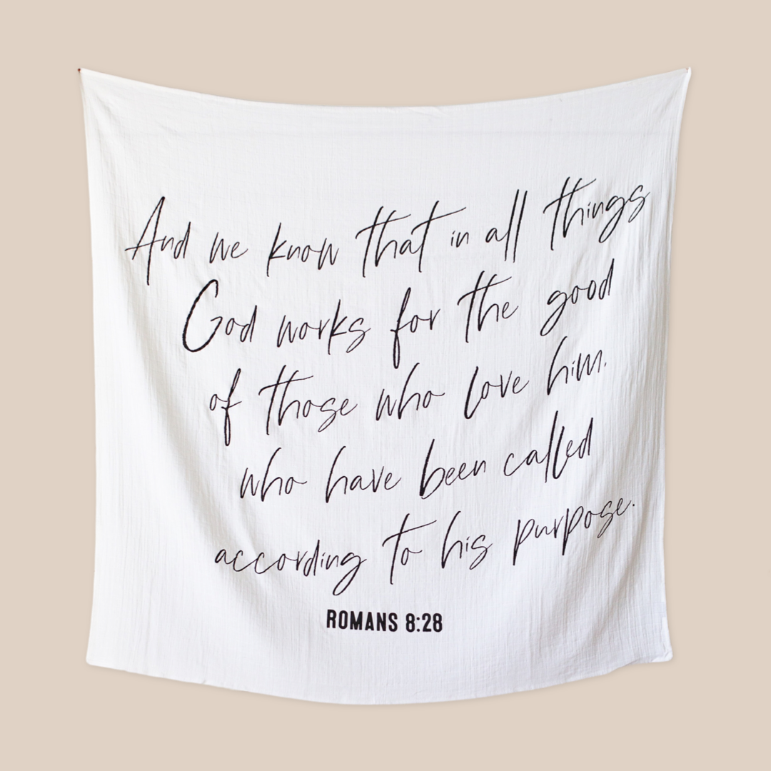 Modern Burlap - Organic Swaddle Blanket-   Romans 8:28