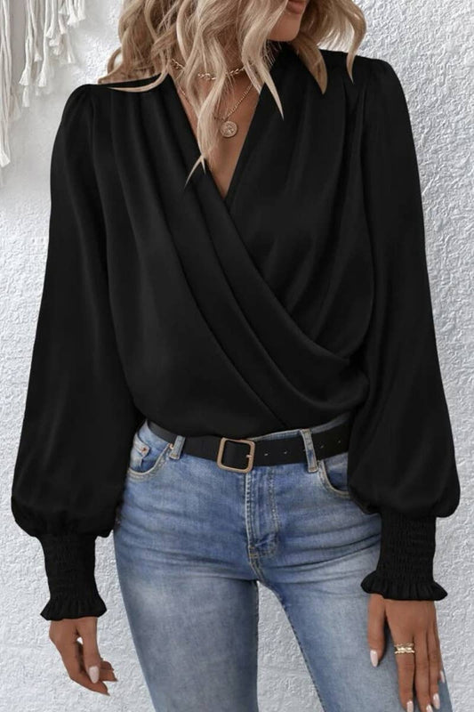 WOMEN CROSS WRAP RIBBED SLEEVE BLOUSE TOP