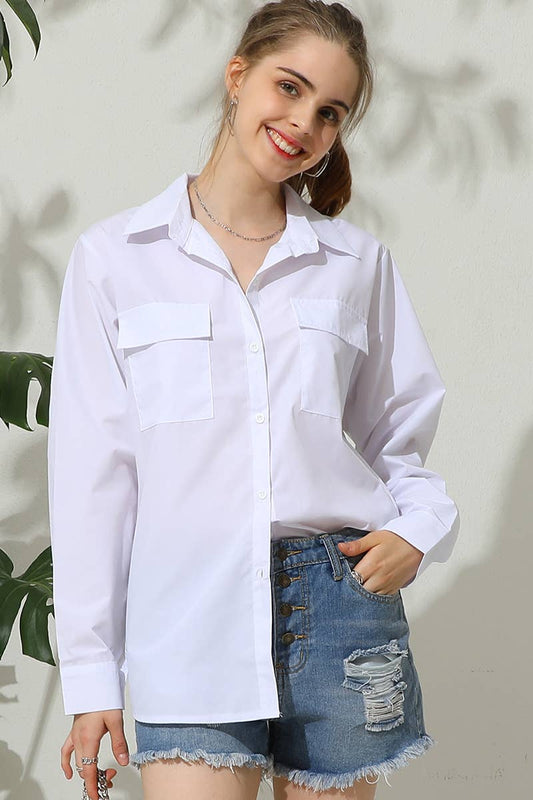 SOLID BOTTON DONW DOUBLE POCKET LONG SLEEVED SH: WHITE