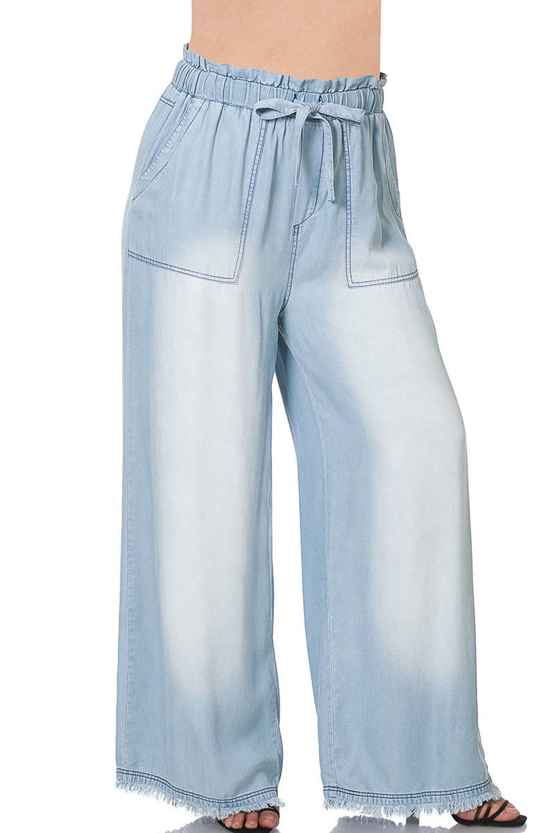 PLUS SIZE CHAMBRAY PAPERBAG WAIST WIDE LEG PANTS WITH PO