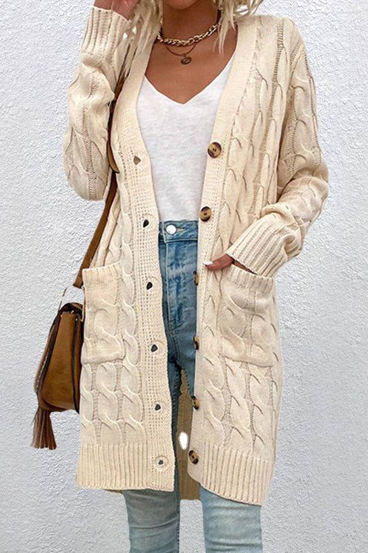 Button Down Cable Crew Neck Pullover Long Sweater: Beige