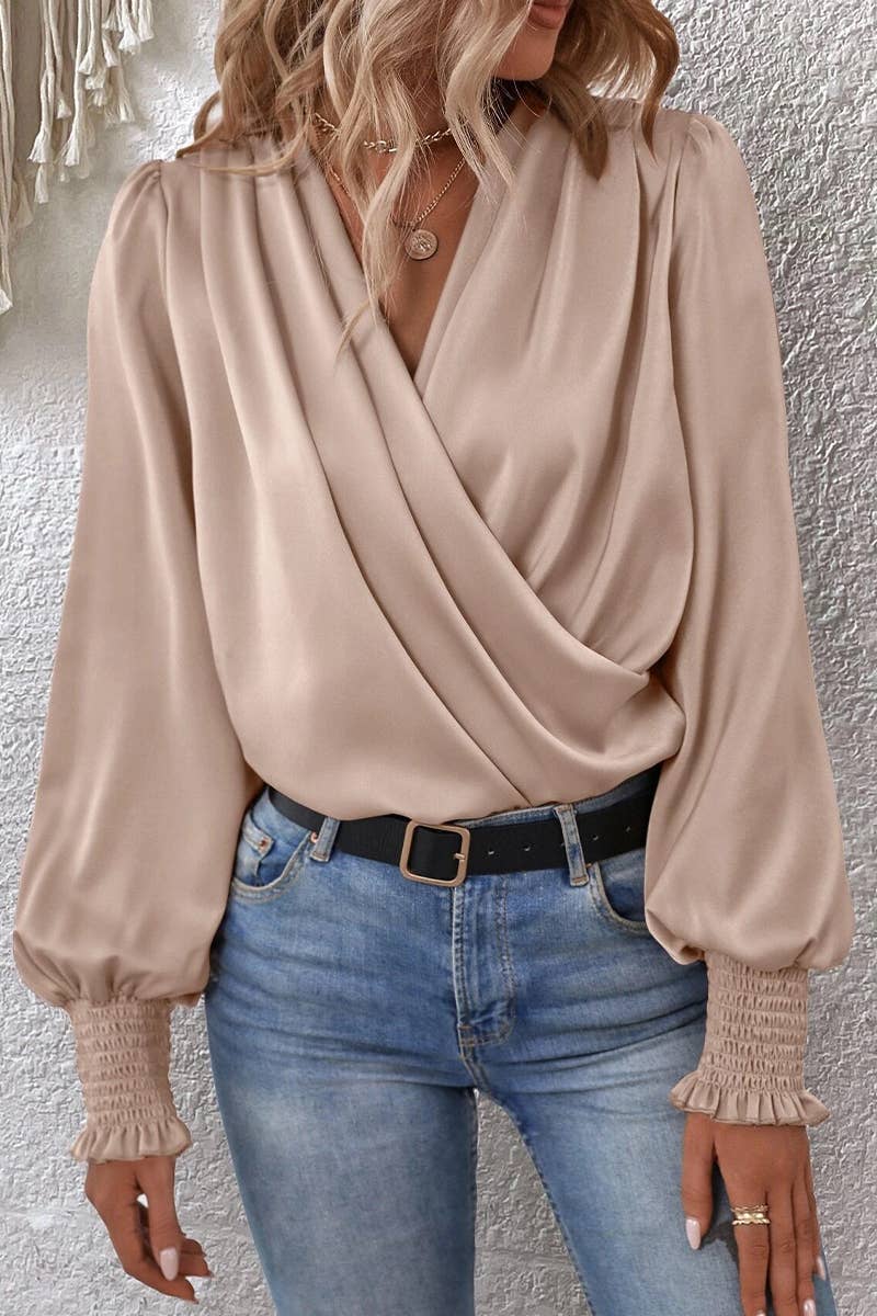 WOMEN CROSS WRAP RIBBED SLEEVE BLOUSE TOP: APRICOT