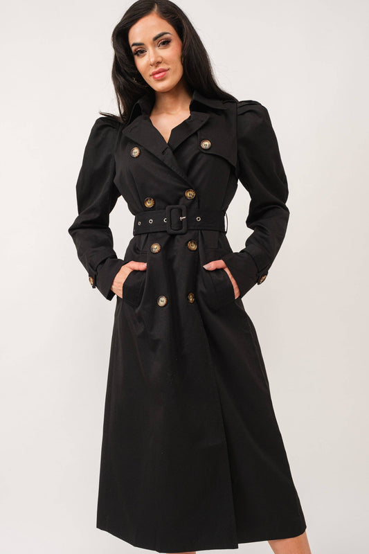 -Puff shoulders double breasted belted trench coat:  / BLACK