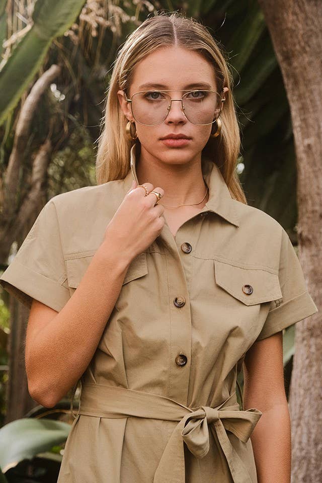 BELTED UTILITY JUMPSUIT WITH ROLLED-UP SLEEVE