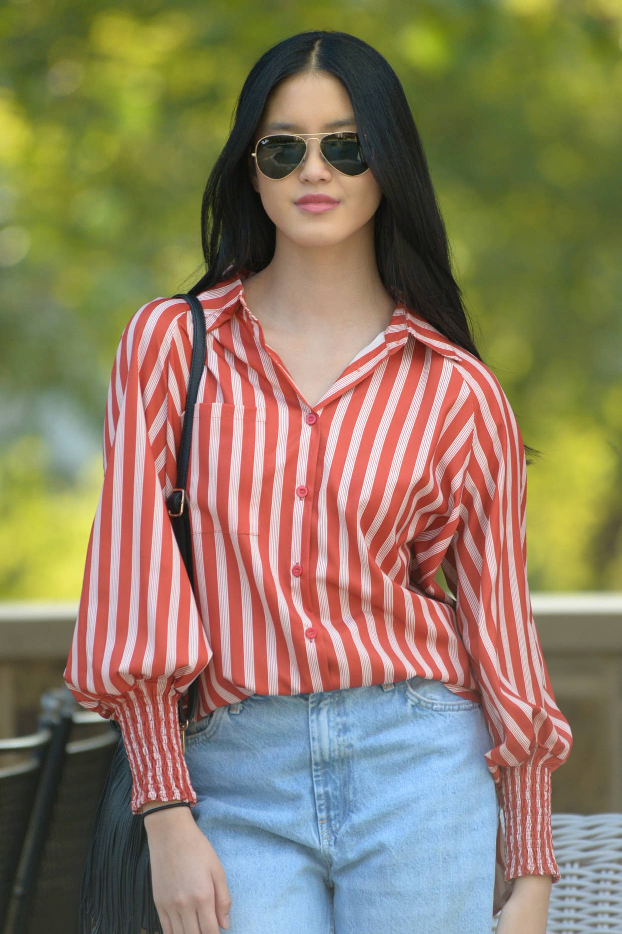 ESLEY - T2211HRM59755- Striped Lantern Sleeves Woven Blouse