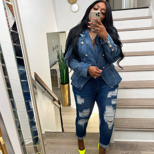 WOMEN DOUBLE BREASTED LAPEL DENIM JACKET